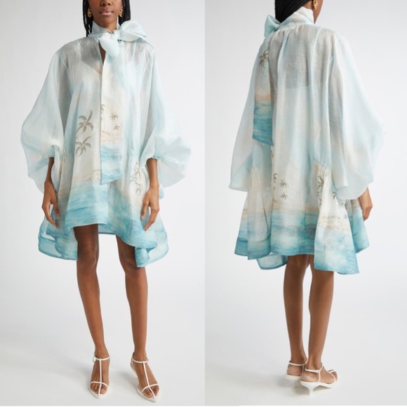 Zimmermann Dresses & Skirts - Zimmermann Seascape Illuminate Billow Organza Mini Dress Blue Silk Linen XS NWT